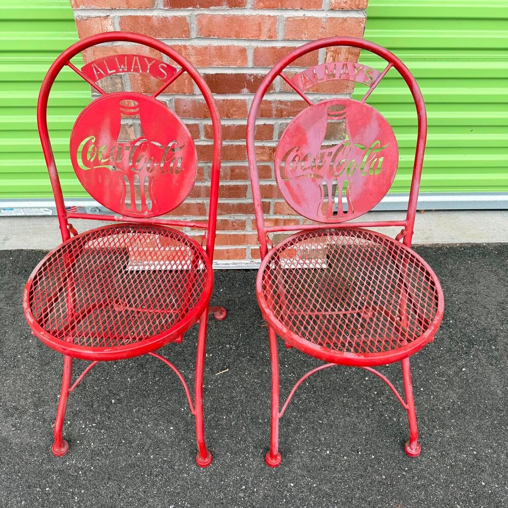 Vintage Always Coca Cola Folding Metal Bistro Chairs Pair Red Patio Cafe